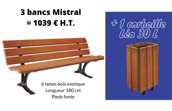 Banc public en bois + poubelle bois